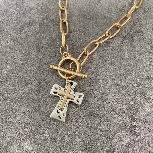 Mixed Metal Cross Necklace